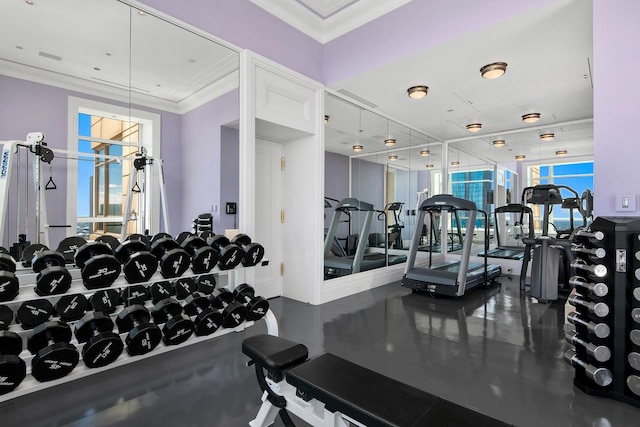 gym with crown molding