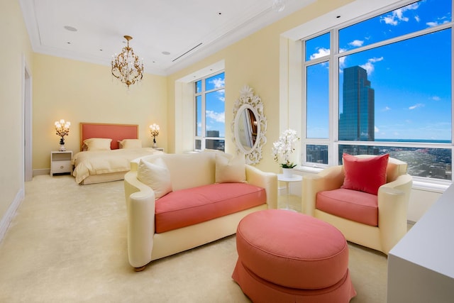 bedroom featuring light colored carpet, a chandelier, and ornamental molding