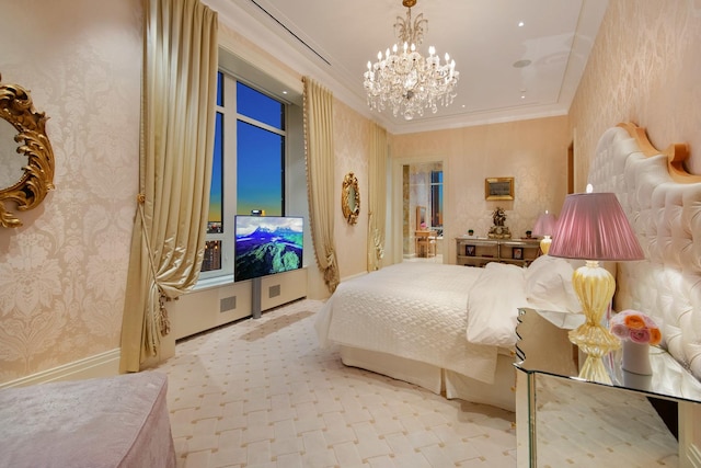 bedroom featuring crown molding and an inviting chandelier