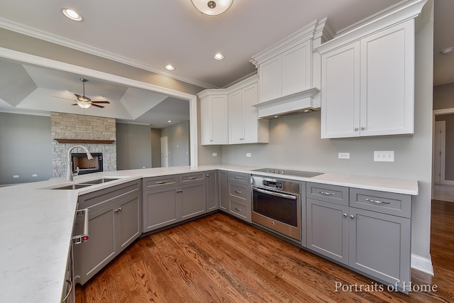 kitchen with gray cabinetry, oven, a stone fireplace, sink, and dark hardwood / wood-style floors