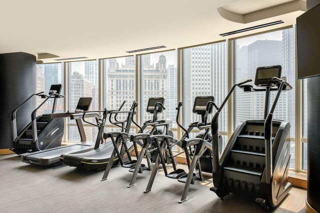 gym with floor to ceiling windows and carpet