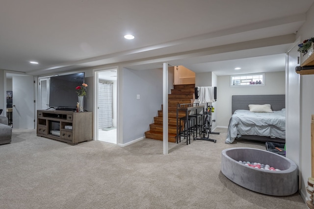 bedroom featuring carpet floors, baseboards, and recessed lighting