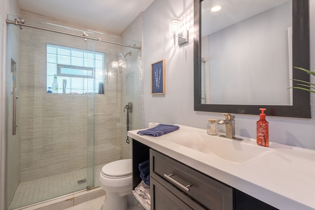 full bathroom featuring toilet, a stall shower, tile patterned flooring, vanity, and recessed lighting