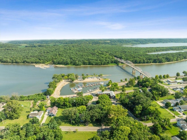 birds eye view of property featuring a view of trees and a water view