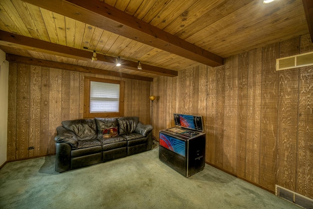 carpeted living room featuring beamed ceiling, track lighting, and wooden walls