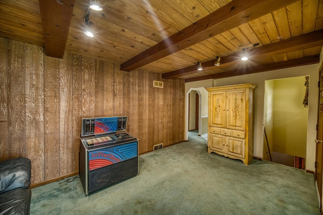 interior space with carpet, rail lighting, beamed ceiling, and wood walls