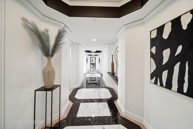 corridor featuring dark tile patterned floors