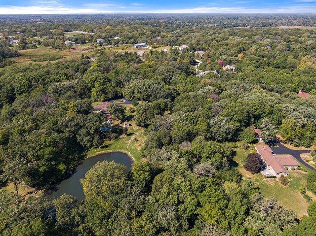 bird's eye view with a view of trees and a water view