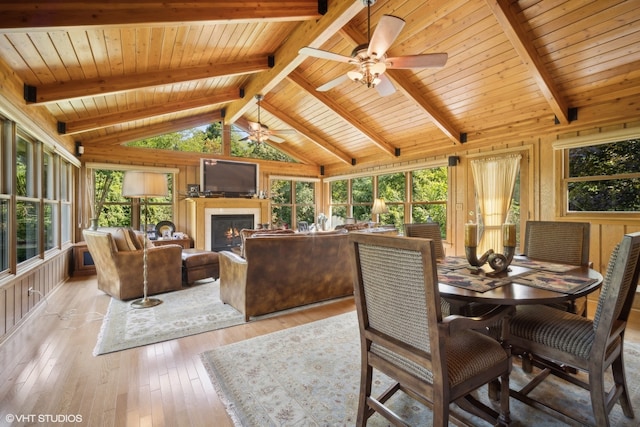 dining area with lofted ceiling with beams, wood ceiling, ceiling fan, and light hardwood / wood-style flooring