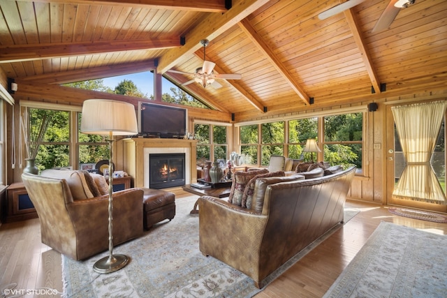 living room with light hardwood / wood-style flooring, a healthy amount of sunlight, lofted ceiling with beams, and wood ceiling