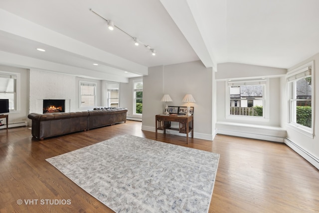 living room featuring a fireplace, hardwood / wood-style floors, a baseboard radiator, and a healthy amount of sunlight