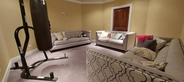 living room with ornamental molding and carpet