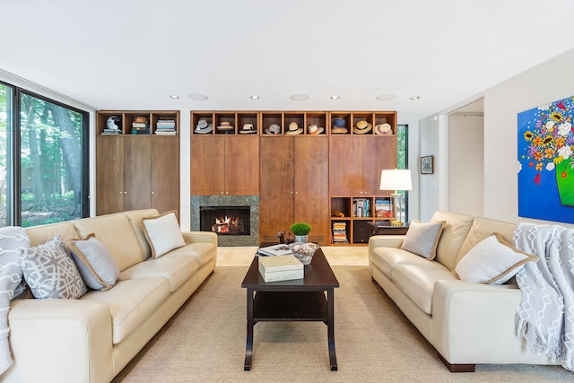 living room with expansive windows and a fireplace