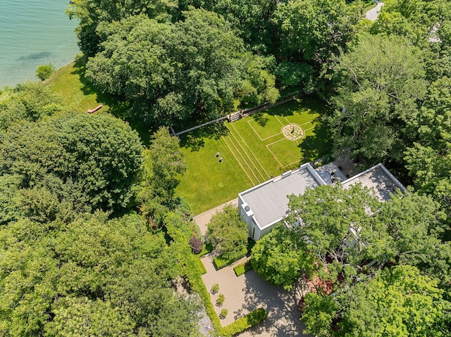 drone / aerial view with a water view