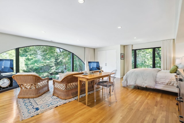 bedroom with multiple windows and light wood-type flooring