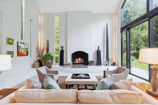 living room featuring expansive windows, plenty of natural light, a towering ceiling, and a fireplace