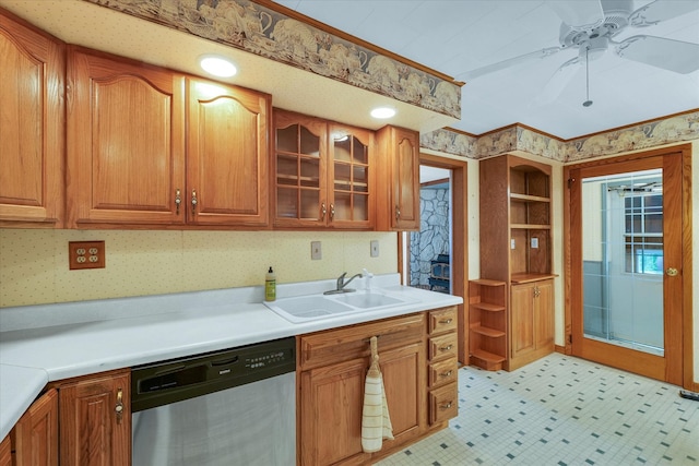 kitchen with stainless steel dishwasher, sink, and ceiling fan