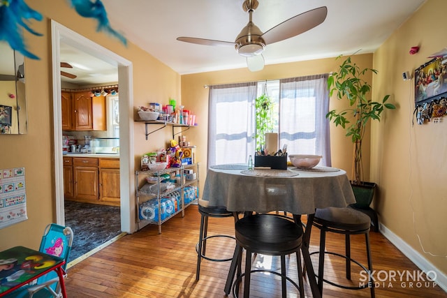 dining area with ceiling fan and light wood-type flooring