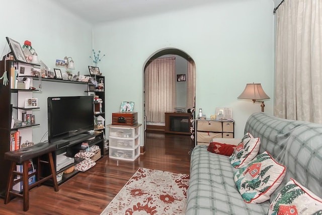 living room featuring dark wood-type flooring