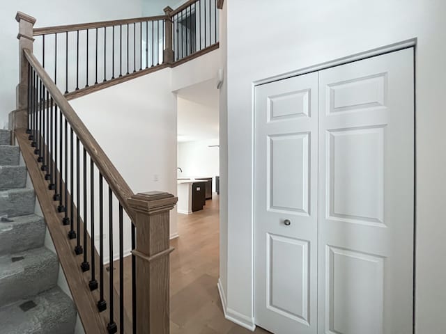 stairway featuring wood-type flooring