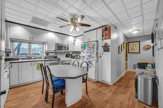 kitchen with white cabinetry, appliances with stainless steel finishes, sink, and ceiling fan