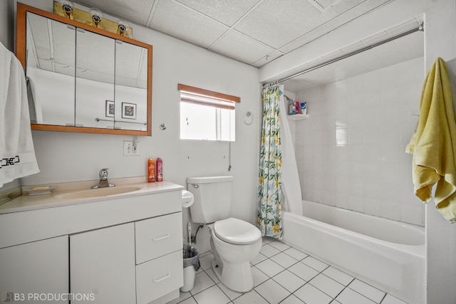 full bathroom featuring toilet, shower / tub combo with curtain, vanity, and tile patterned floors