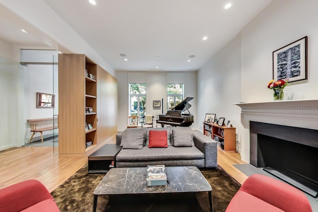 living room featuring dark wood-type flooring