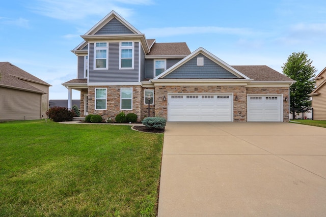 craftsman-style house with stone siding, concrete driveway, a front lawn, and a garage