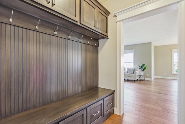 mudroom featuring light wood finished floors, baseboards, and a wealth of natural light