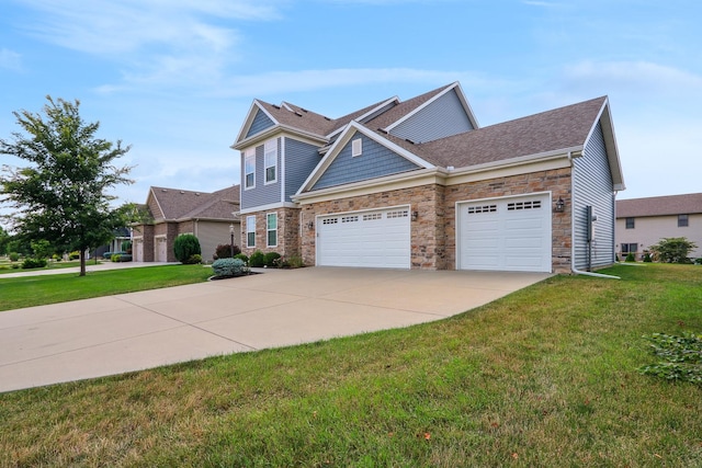 view of front of house with a garage, stone siding, concrete driveway, and a front yard