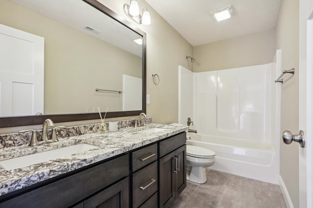 bathroom with shower / bath combination, toilet, visible vents, and a sink