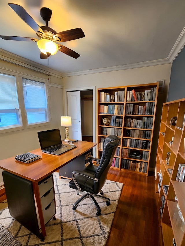 office featuring dark hardwood / wood-style floors, ceiling fan, and ornamental molding