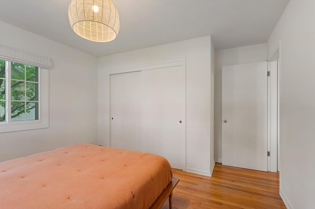 bedroom featuring a closet and light wood-type flooring