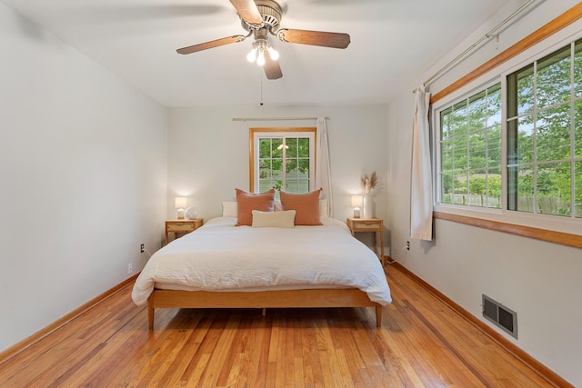 bedroom with light hardwood / wood-style floors and ceiling fan