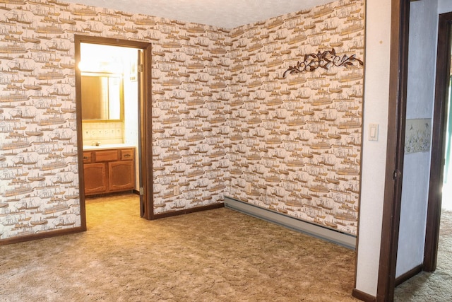 spare room featuring light carpet and a baseboard heating unit