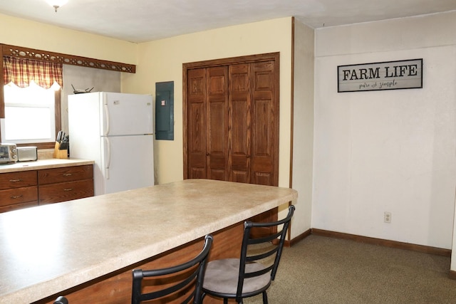 kitchen with white refrigerator and electric panel