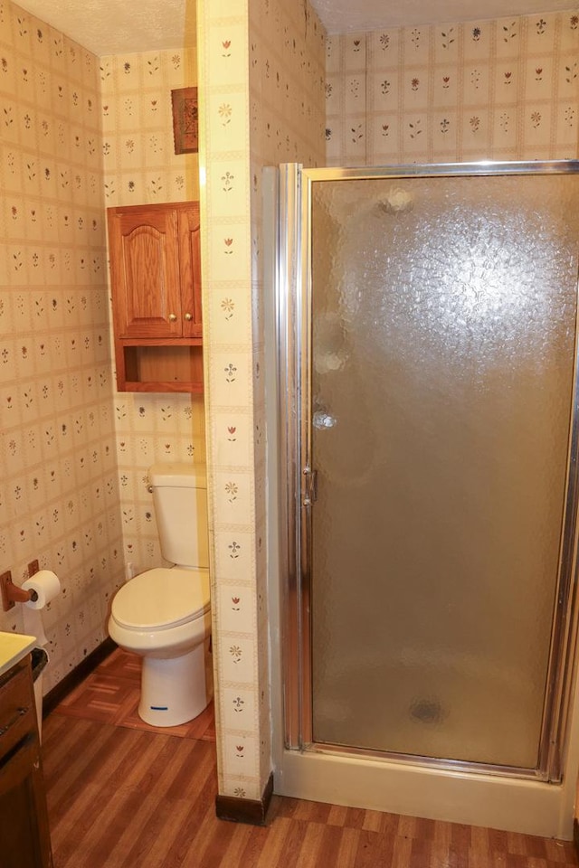 bathroom with toilet, vanity, an enclosed shower, and hardwood / wood-style flooring