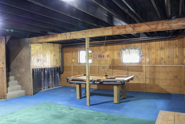 playroom featuring wood walls and carpet floors