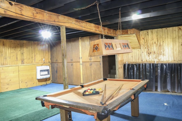 rec room with carpet flooring, heating unit, wooden walls, and billiards