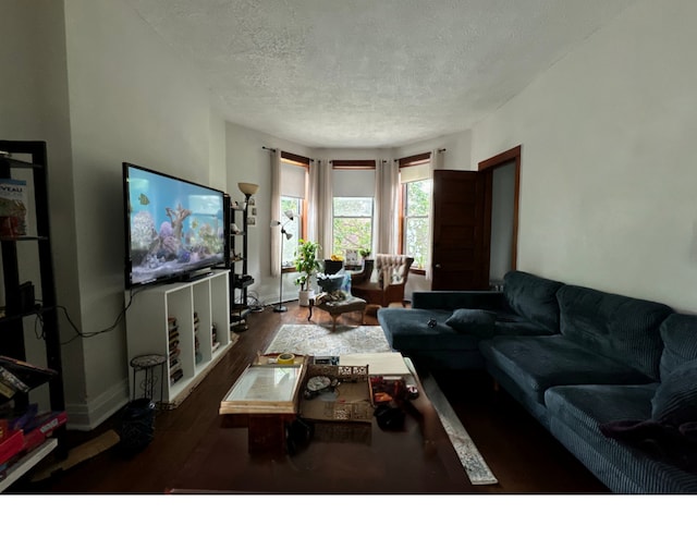 living area featuring a textured ceiling, dark wood-type flooring, and baseboards