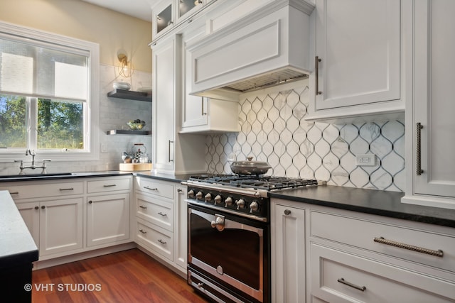 kitchen with backsplash, high end range, white cabinetry, and sink