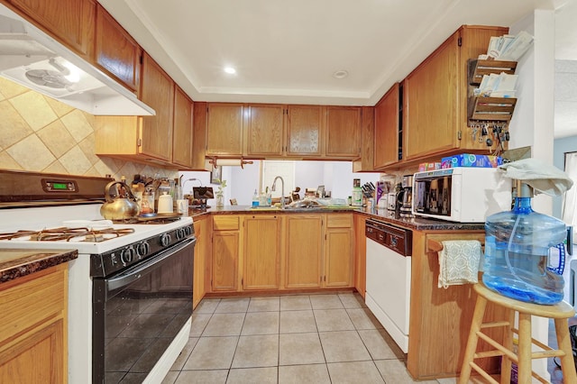 kitchen with light tile patterned flooring, ventilation hood, sink, decorative backsplash, and white appliances