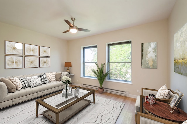 living room with light hardwood / wood-style floors, ceiling fan, and a baseboard radiator