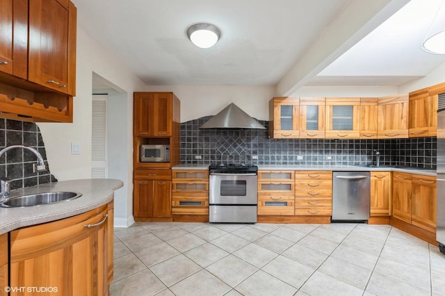 kitchen featuring backsplash, sink, wall chimney exhaust hood, light tile patterned floors, and appliances with stainless steel finishes