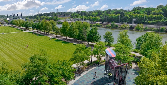 birds eye view of property featuring a water view