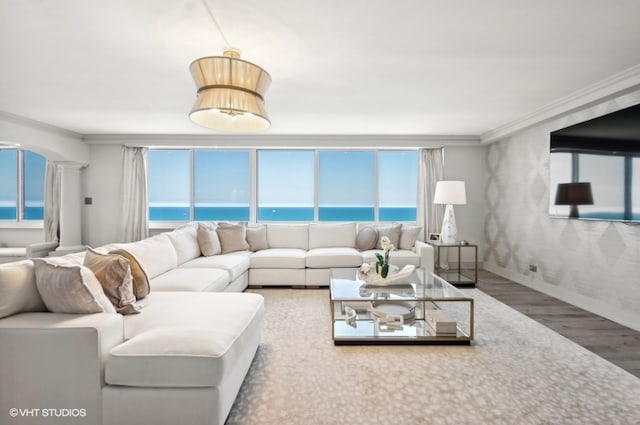 living room with a water view, ornamental molding, hardwood / wood-style flooring, and a healthy amount of sunlight