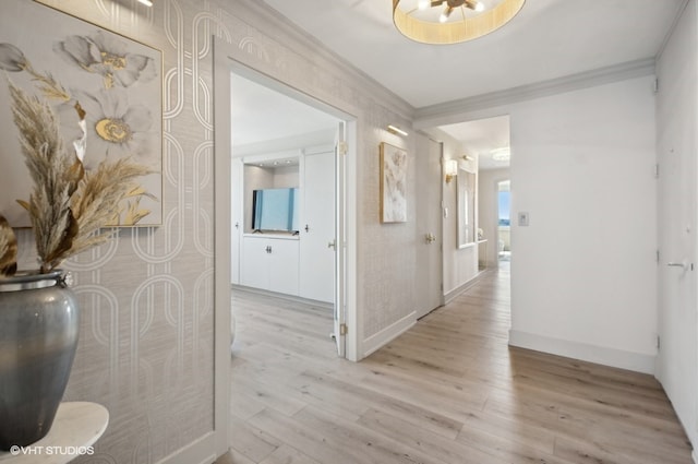 hall featuring light hardwood / wood-style flooring and crown molding