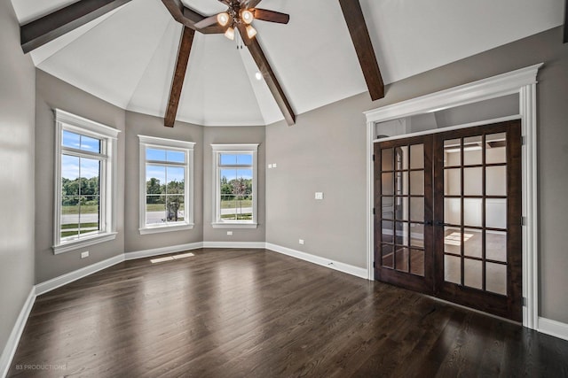 spare room with ceiling fan, french doors, beamed ceiling, high vaulted ceiling, and dark hardwood / wood-style floors