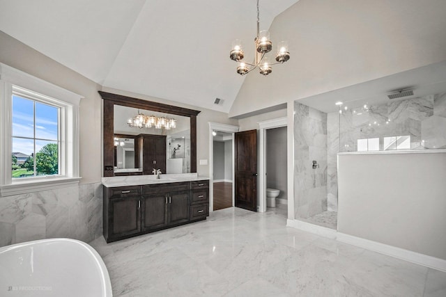 full bathroom featuring vanity, high vaulted ceiling, toilet, independent shower and bath, and a chandelier