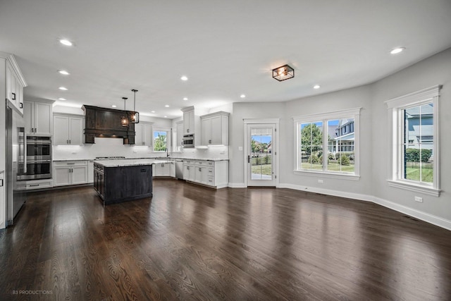 kitchen featuring appliances with stainless steel finishes, dark hardwood / wood-style flooring, decorative light fixtures, a center island, and plenty of natural light